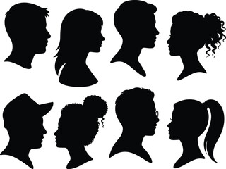 Silhouette vector of diverse male female head profiles, various hairstyles, side view faces, human portrait icons, avatar illustration set