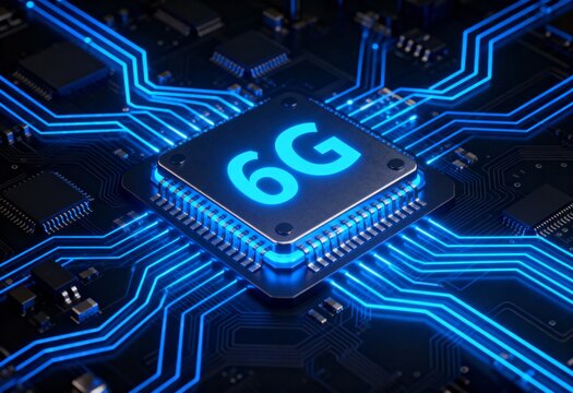 6g chip on motherboard with glowing blue circuits for next generation wireless network, speed and connectivity technology concept in macro closeup