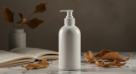 White Soap Dispenser with Autumn Leaves and Book