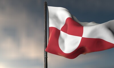Greenlandic Flag in the Wind: A Greenlandic flag waves proudly against a backdrop of a dramatic sky, embodying the spirit of Greenland's heritage and independence.