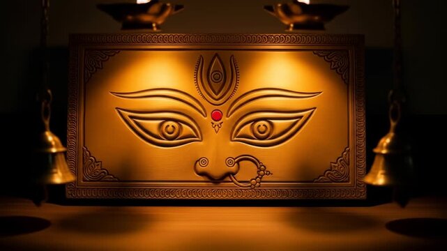 Golden goddess durga face illuminated by traditional oil lamps symbolizing navratri durga puja dussehra and diwali hindu celebrations