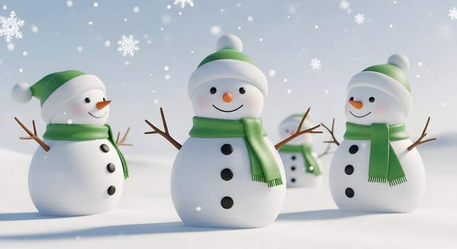 Group of snowmen with green scarves in a snow-covered environment, creating a joyful winter scene filled with festive holiday cheer