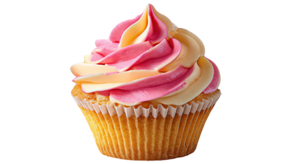 Vanilla cupcake with yellow whipped cream frosting isolated on white background.