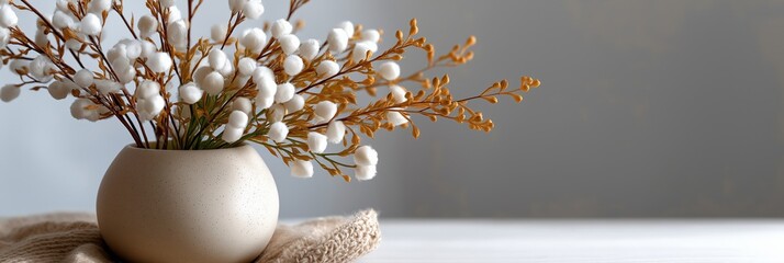 Elegant beige vase with cotton stems on white table against gray background