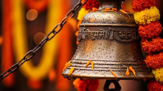 Ornate brass temple bell decorated with fresh marigold flowers symbolizing devotion and auspicious beginnings for navratri durga puja