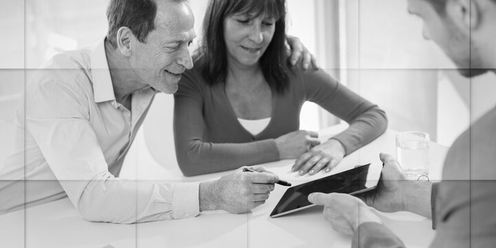 Senior couple meeting realtor for investment, geometric pattern