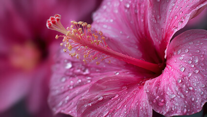 Closeup of a vibrant pink hibiscus flower covered in water droplets