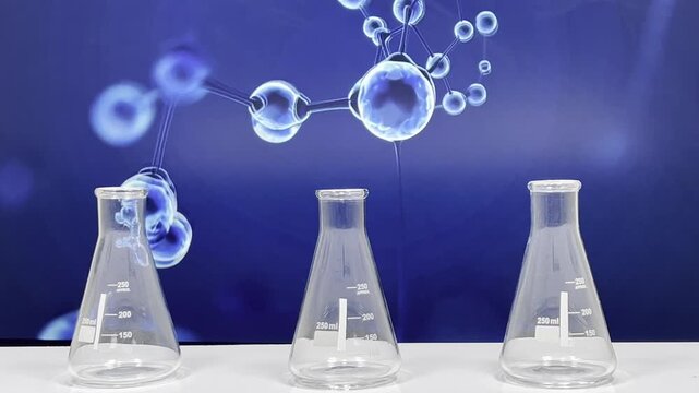 Three empty laboratory Erlenmeyer flasks on white table with molecular structure background, scientific glassware for chemistry and biotechnology concept