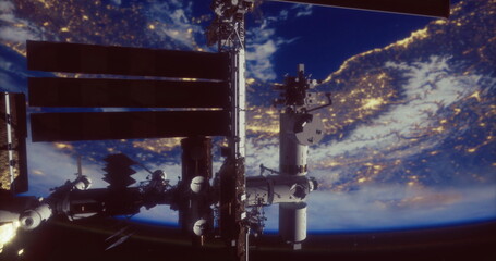 The International Space Station hovers above Earth, showcasing illuminated city areas at night. The blue planet contrasts beautifully with dark space, highlighting human settlements below.