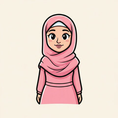 Illustration of cute cartoon girl wearing a pink hijab and dress, smiling