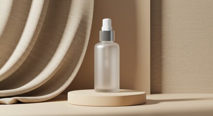 Frosted Serum Bottle on Beige Pedestal, Minimalist Aesthetic.