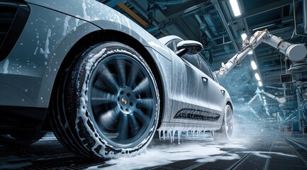 Robotic arm washing white SUV wheels with foam in modern workshop, showcasing high detail, realism, clean graphics for automotive automation and maintenance advertising