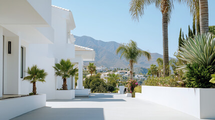 Luxurious villa with modern architecture, palm trees, and mountain view creates serene atmosphere