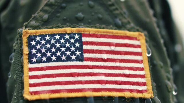 Close-up of us flag patch on a wet military uniform in the rain