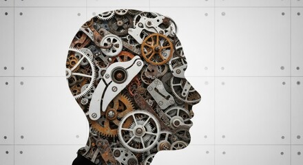 Mechanical Mind: Gears and Cogs Forming Human Head Silhouette