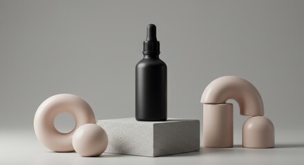 Minimalist Composition: Black Dropper Bottle with Geometric Shapes