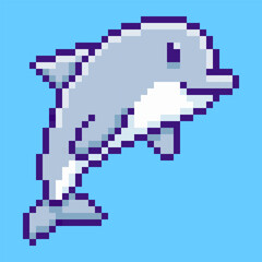 Playful dolphin in a classic retro pixel art style. Capturing the friendly and intelligent marine mammal in a dynamic jumping pose. A perfect symbol for ocean life and aquariums