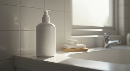 White Soap Dispenser in Bathroom with Sunlight and Sink