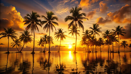 Obraz premium Golden tropical sunset with glowing palm tree silhouettes and waves