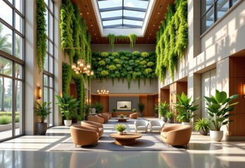 Fototapeta premium cinematic visualization of modern lobby interior with greenery hyper realistic detail showing vertical plants daylight ambiance cozy furniture creating soothing welcoming guest experience atmosphere v
