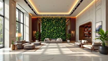 Obraz premium macro cinematic render of luxury hotel lobby with green wall hyper realistic visualization showing elegant finishes cozy seating natural textures creating sustainable soothing welcoming guest environm