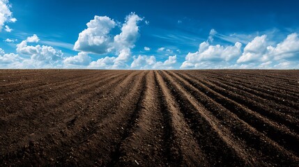 dark brown soil texture freshly plowed field rows visible blue sky with clouds background suggesting new beginnings agriculture and growth.