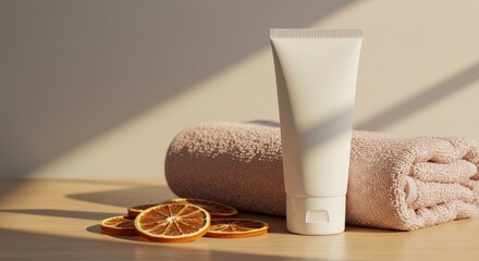 Cream tube, towel, and orange slices on wooden surface.