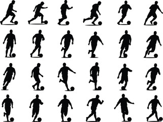 Soccer player silhouette set, football action poses, black vector icons, isolated athlete movements, sports clipart for design and illustration