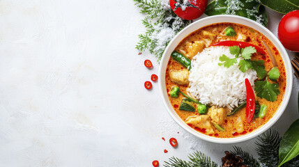 Delicious curry dish with rice, vibrant colors, and fresh herbs, perfect for cozy meal