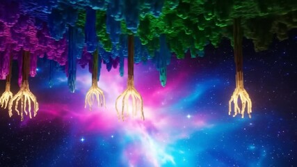 Vibrant upside-down alien forest with glowing golden roots suspended above nebula sky. - Powered by Adobe