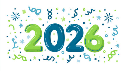 Happy new year 2026 text with confetti and streamers isolated on white background