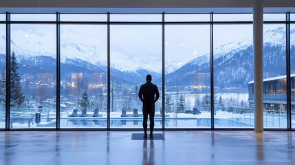 Serene view of man gazing out at snowy mountain landscape from modern building, evoking tranquility and reflection
