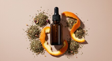 Aromatherapy Essential Oil Bottle with Orange Peel and Herbs