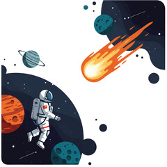 An astronaut floats in the vastness of outer space, mesmerized by a large, glowing shooting star, in a vibrant 2D flat vector illustration with simplified style, clean outlines, and distant planets.