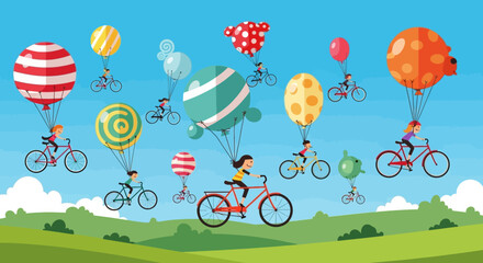 Colorful Balloons Lifting Cyclists Over Green Hills in a Whimsical Scene.