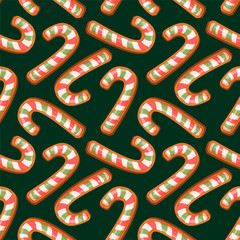 Candy cane seamless christmas pattern on red background in cartoon. Holiday print for textile, wallpaper, fabric, wallpaper.