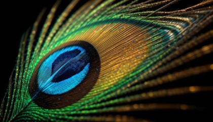 Obraz premium Close up macro of a vibrant peacock feather eye detail