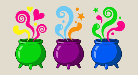Colorful Cauldrons with Magic Potion Bubbling Over, Cartoon Illustration.