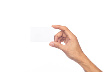 business man hand holding business card isolated on white background with clipping path