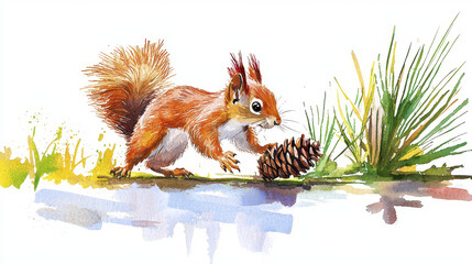 Playful squirrel with bushy tail explores pine cone in vibrant watercolor scene, surrounded by grass and nature beauty