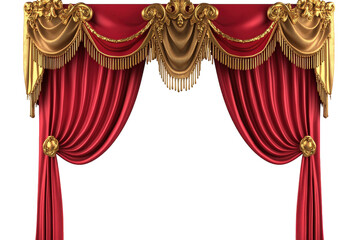 Elegant red and gold curtain isolated on transparent background, showcasing luxurious drapery and ornate details, perfect for theater, stage, and interior design concepts