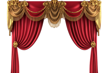Elegant red and gold curtain isolated on transparent background, showcasing luxurious drapery and ornate details, perfect for theater, stage, and interior design concepts