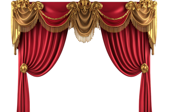 Elegant red and gold curtain isolated on transparent background, showcasing luxurious drapery and ornate details, perfect for theater, stage, and interior design concepts - Powered by Adobe