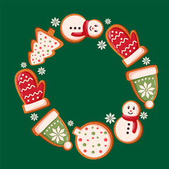 Christmas gingerbread cookie in circular wreath arrangement with snowman, mitten, hat, tree, ball shapes and snowflake on green background in cartoon.
