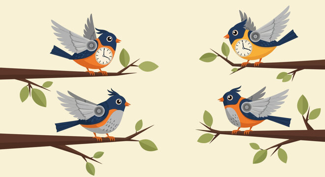 Four Robotic Birds Perched on Branches in a Whimsical Illustration.