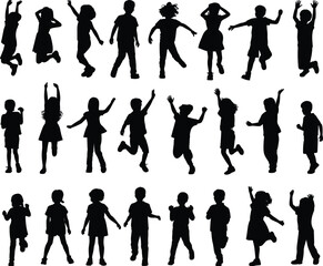 Silhouettes of children jumping and playing, joyful movement, happiness, energy, diversity, black and white, isolated, active kids, fun outdoors