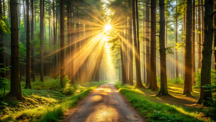 Fototapeta premium Minimal Glowing Forest Path With Bright Sunrays And Dreamlike Atmosphere