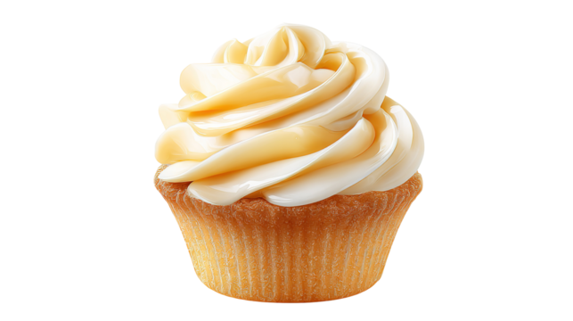 Vanilla cupcake with yellow whipped cream frosting isolated on white background.