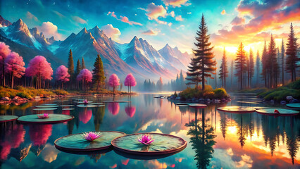 Mountain Lake With Holographic Trees Growing On Mystical Green Island