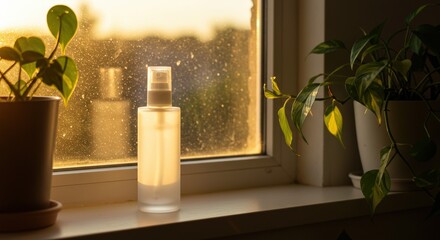 Spray Bottle on Window Sill with Plants and Sunlight